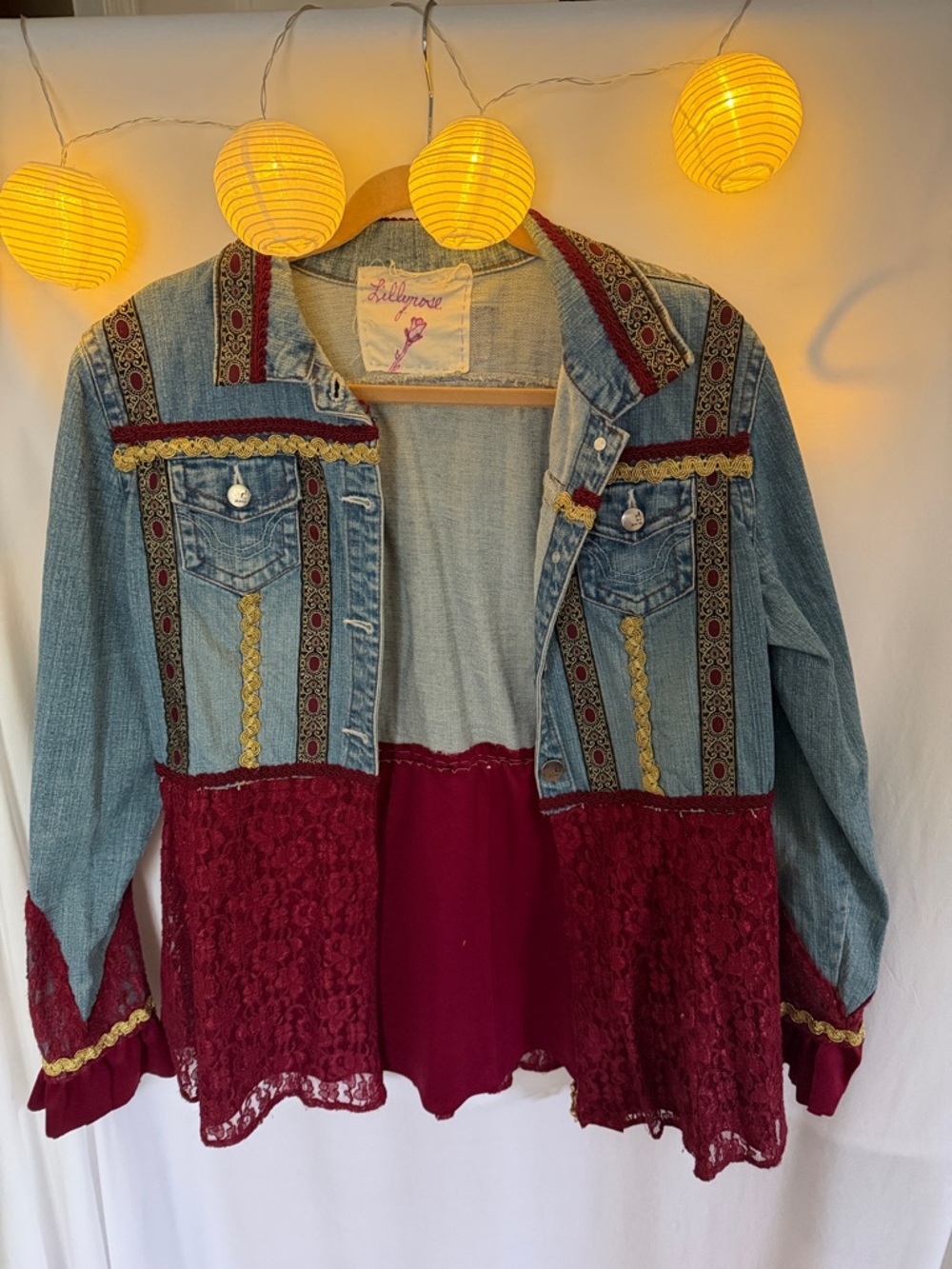 Patchwork Denim Jacket with Burgundy Lace Trim